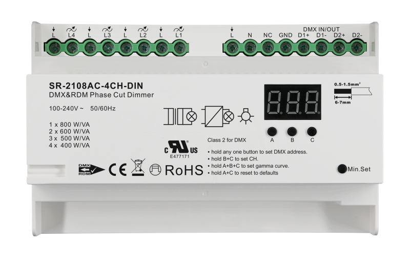 SR-2108AC-4CH-DIN DMX512 Triac-Dimmer 4-Kanal Phasenabschnitt 230V Hutschiene