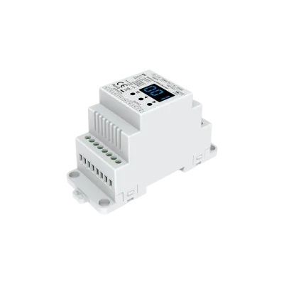D1 DMX LED Dimmer in Seitenperspektive als DIN-Modul mit Schraubklemmen und Lüftungsschlitzen im Gehäuse