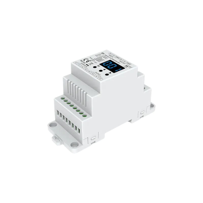 D1 DMX LED Dimmer in Seitenperspektive als DIN-Modul mit Schraubklemmen und Lüftungsschlitzen im Gehäuse