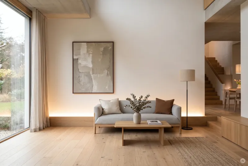 Heller Wohnraum mit minimalistischem Sofa, Holzparkett und sanftem indirekten Lichtschein entlang der Fußleiste.