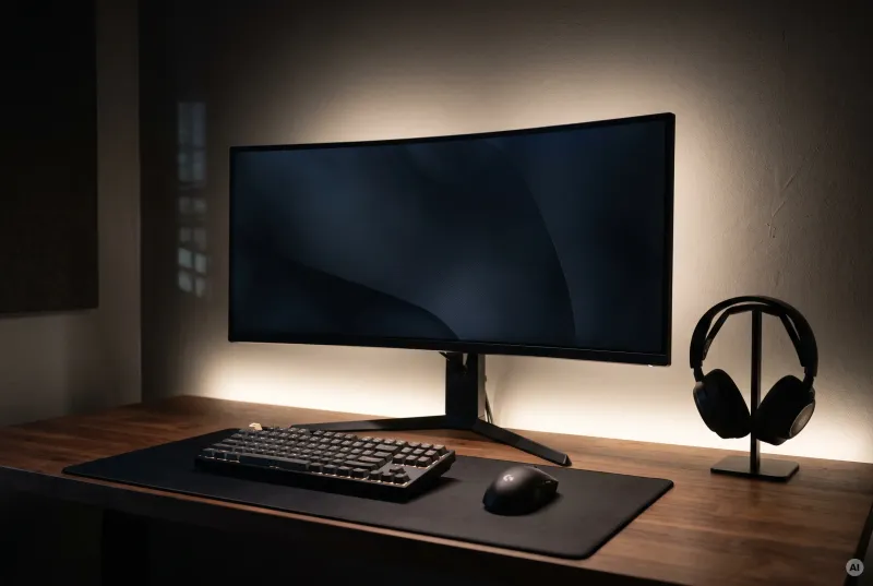 Nahaufnahme eines Ultrawide-Monitors auf einem Holzzchreibtisch mit weichem, warmweißem LED-Hintergrundlicht an der Wand und minimalistischem Zubehör.