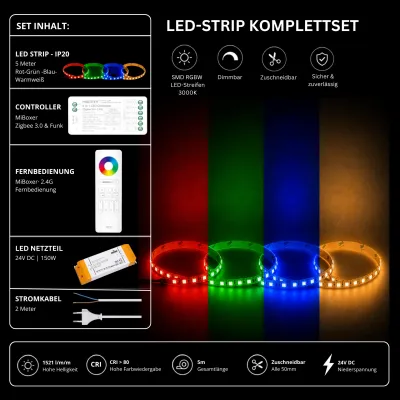 RGBW LED Streifen Komplettset Zigbee 24V RGBW LED Streifen Komplettset 24V mit 5 m SMD LED Streifen 3000K, MiBoxer Zigbee 3.0 Funk Controller, 2.4G Fernbedienung und 150W Netzteil