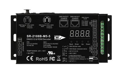 SR-2108B-M5-3 DMX512 & RDM Decoder 5-Kanal 8A 12-24V DC Metallgehäuse XLR RJ45 für RGBW LED Streifen SR-2108B-M5-3 DMX512 & RDM Decoder 5-Kanal 8A 12-24V DC Metallgehäuse XLR RJ45 für RGBW LED Streifen