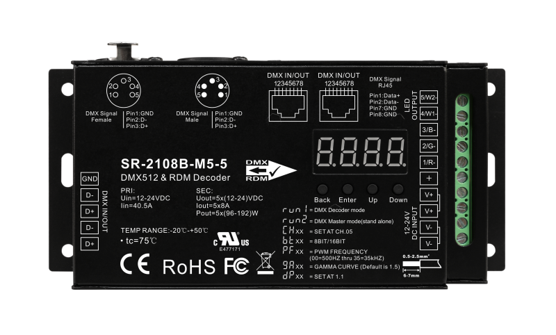 SR-2108B-M5-3 DMX512 & RDM Decoder 5-Kanal 8A 12-24V DC Metallgehäuse XLR RJ45 für RGBW LED Streifen