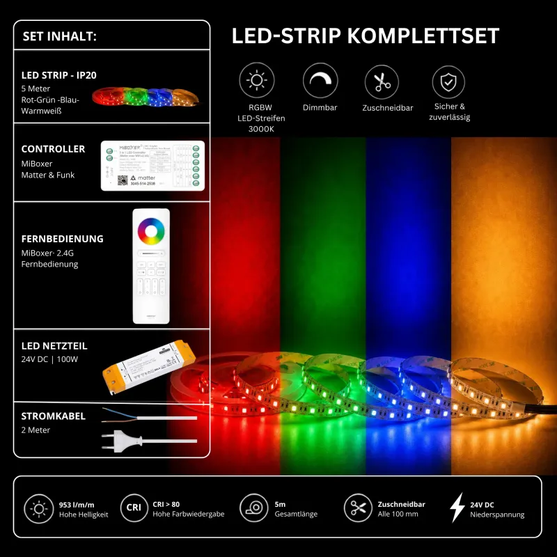 RGBW LED-Strip Komplettset mit 5 m LED-Streifen, RGB-Farblicht und Warmweiß 3000 K, 24 V Netzteil, MiBoxer Matter & Funk Controller und 2,4 GHz Fernbedienung, 953 lm/m