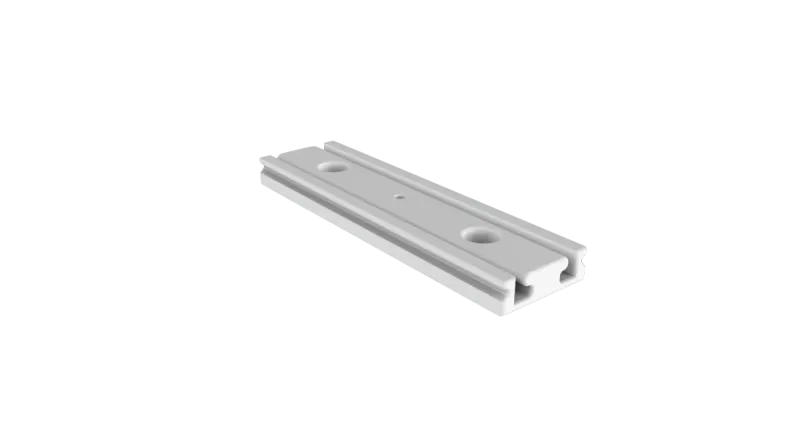 PETG-Geradverbinder 180° für LED Alu-Einbauprofil EXO-A2 – weißes Verbindungsstück mit seitlichen Führungsschienen und zwei Montagelöchern für gerade Profilverlängerung