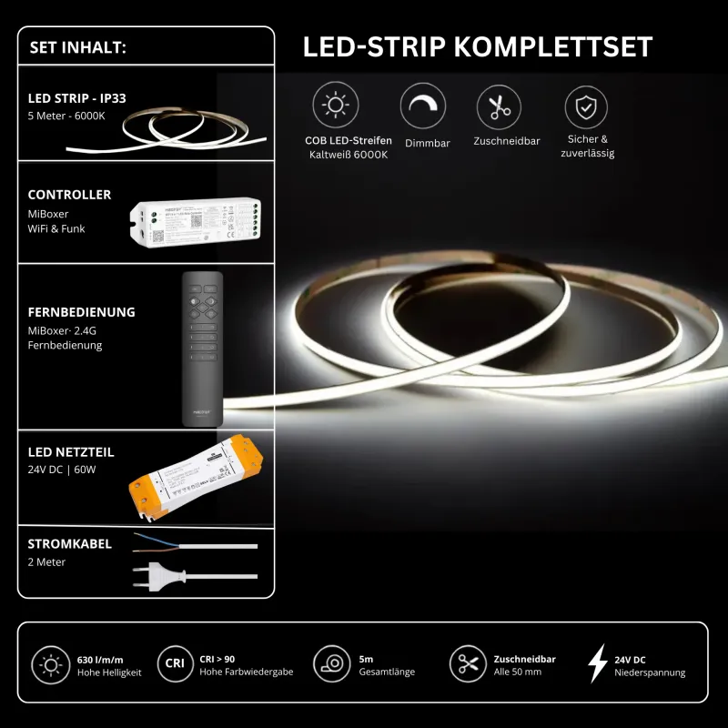 COB LED-Strip Komplettset mit 5 m kaltweißem LED-Streifen 6000 K, 24 V Netzteil, MiBoxer WiFi & Funk Controller und 2,4 GHz Fernbedienung, CRI > 90