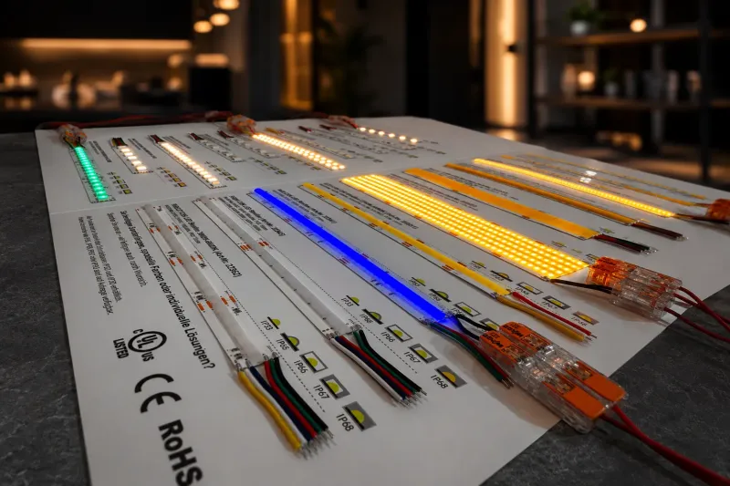 Nahaufnahme verschiedener COB RGB und CCT LED Streifen im SK-LED Musterheft
