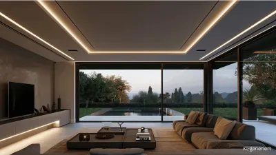 Indirekte Wohnzimmerbeleuchtung mit LED Streifen an Decke und TV Wand modernes Ambientelicht