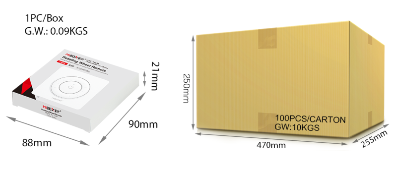 MiBoxer K3P CCT Drehregler-Fernbedienung Schwarz Verpackungsmaße – Einzelbox 88x90x21 mm und Versandkarton