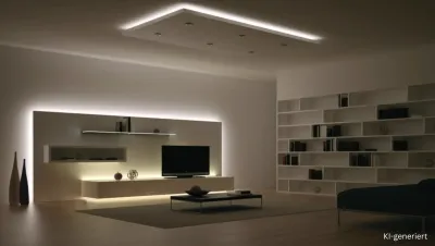 Indirekte LED Beleuchtung Wohnzimmer Beispiel Indirekte LED Beleuchtung im Wohnzimmer mit LED Streifen an Decke und Möbeln in warmweiß