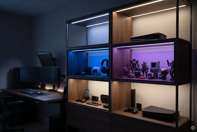 Offenes Holzregal mit integrierten LED-Lichtleisten in Blau, Violett und Warmweiß, das Gaming-Figuren und Konsolen stilvoll in Szene setzt.