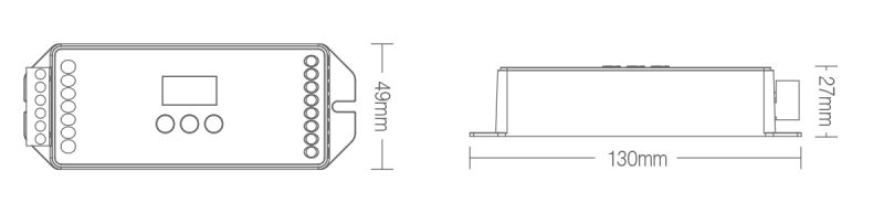 Technische Zeichnung DALI DT8 LED Controller mit Abmessungen 130mm 49mm 27mm