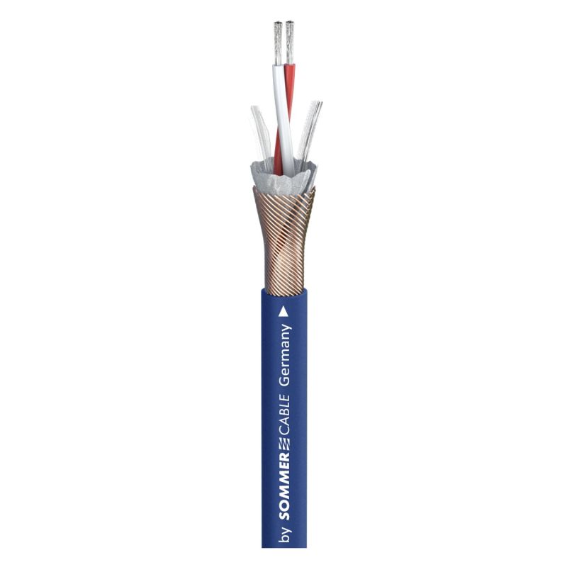 Detailansicht DMX Kabel SOMMER SC-Semicolon 2×0,22 mm² – geöffneter Kupfergeflechtschirm, rot/weiß Leiter, FRNC Mantel, blau – professionelles Audio und Lichtsteuerkabel (AES/EBU, DMX) – SK-LED