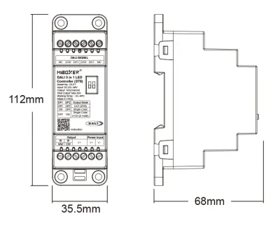 Maßzeichnung MiBoxer DL2-T: 112 x 35,5 x 68 mm, 2 Teilungseinheiten auf der Hutschiene, mit DIP-Schalter-Tabelle der drei Ausgangsmodi