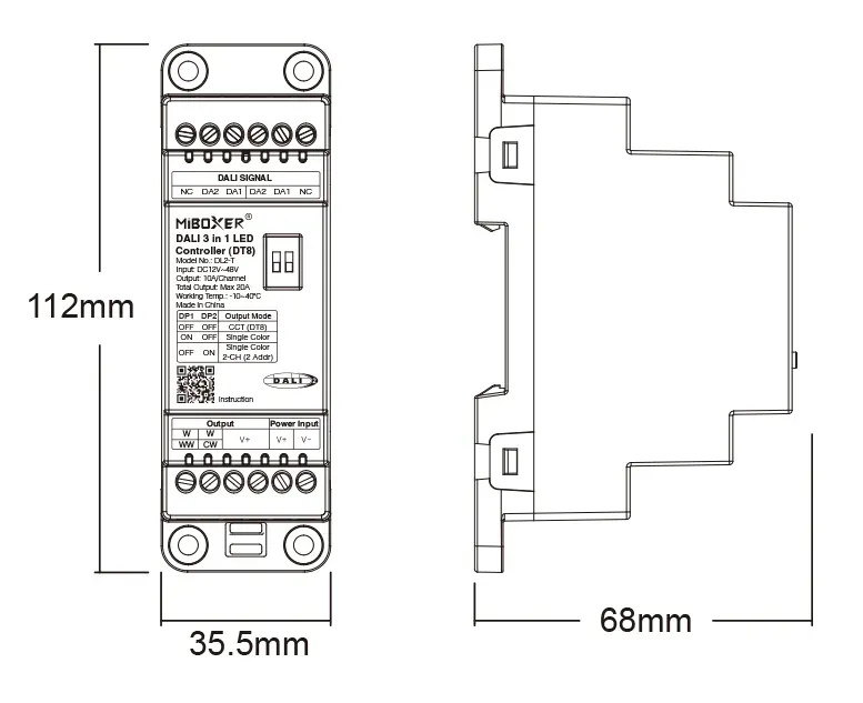 Maßzeichnung MiBoxer DL2-T: 112 x 35,5 x 68 mm, 2 Teilungseinheiten auf der Hutschiene, mit DIP-Schalter-Tabelle der drei Ausgangsmodi