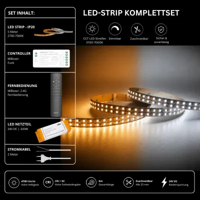 CCT LED-Strip Komplettset mit 5 m LED-Streifen 2700–7000 K, 24 V Netzteil, MiBoxer Funk-Controller und 2,4 GHz Fernbedienung, 4700 lm/m und CRI > 92
