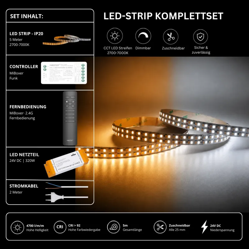 CCT LED-Strip Komplettset mit 5 m LED-Streifen 2700–7000 K, 24 V Netzteil, MiBoxer Funk-Controller und 2,4 GHz Fernbedienung, 4700 lm/m und CRI > 92