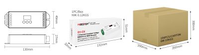 MiBoxer D1-CX DMX512 & RDM Decoder – Technische Zeichnung mit Abmessungen (130x49x27mm), Produktverpackung (132x51x32mm) und Versandkarton (350x290x300mm, 100 Stück)