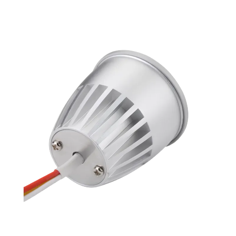Rückansicht des MR16 LED Spots 10W 24V DC mit Aluminium Kühlkörper und Anschlusskabel