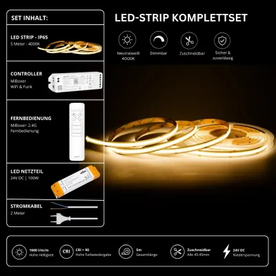 5 m LED-Strip Komplettset Neutralweiß 4000K IP65 mit 24V Netzteil, MiBoxer WiFi Funk-Controller, 2,4-GHz-Fernbedienung und 1600 lm/m