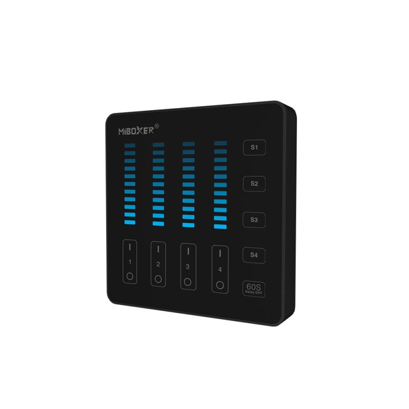 Schwarze MiBoxer B5 LED-Wandfernbedienung mit Touchpanel zur 4-Zonen-Dimmsteuerung, 1 Kanal, 5 Szenen, 2,4 GHz Funk