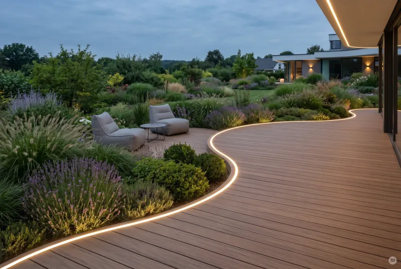 Organisch geformte WPC-Holzterrasse in der Abenddämmerung mit einer flexiblen, warmweißen Neon-Flex LED-Lichtlinie entlang der Kante und angrenzenden Pflanzbeeten.