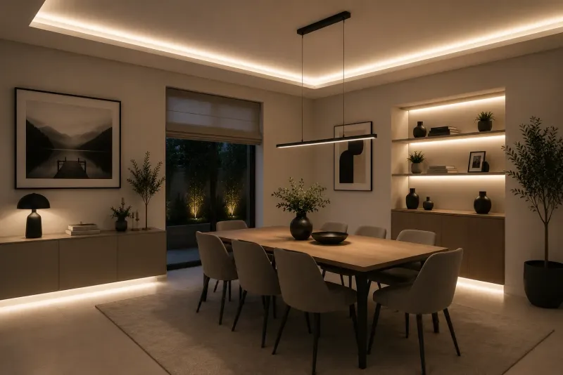 Modernes Esszimmer mit indirekter LED-Beleuchtung durch neutralweiße 4000K LED-Streifen. Gleichmäßige Lichtlinien an Decke, Regal und Sideboard schaffen eine helle, natürliche Ausleuchtung ohne sichtbare LED-Punkte