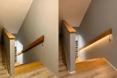 Vorher-Nachher-Vergleich: Treppenhaus mit LED-Handlauf nachrüsten Ein Vorher-Nachher-Vergleich einer Treppenrenovierung. Links: Ein schlichter Holzhandlauf ohne Licht mit herabhängendem Kabel. Rechts: Der fertig montierte Holzhandlauf mit einer homogen leuchtenden, warmweißen LED-Lichtleiste.