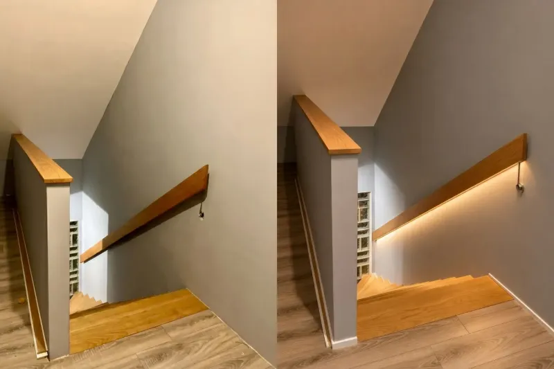 Ein Vorher-Nachher-Vergleich einer Treppenrenovierung. Links: Ein schlichter Holzhandlauf ohne Licht mit herabhängendem Kabel. Rechts: Der fertig montierte Holzhandlauf mit einer homogen leuchtenden, warmweißen LED-Lichtleiste.
