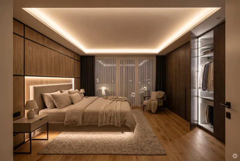 Modernes Schlafzimmer mit warmweißer indirekter LED-Beleuchtung in einer Deckenvoute, Holzmöbeln und gemütlichem Bett.