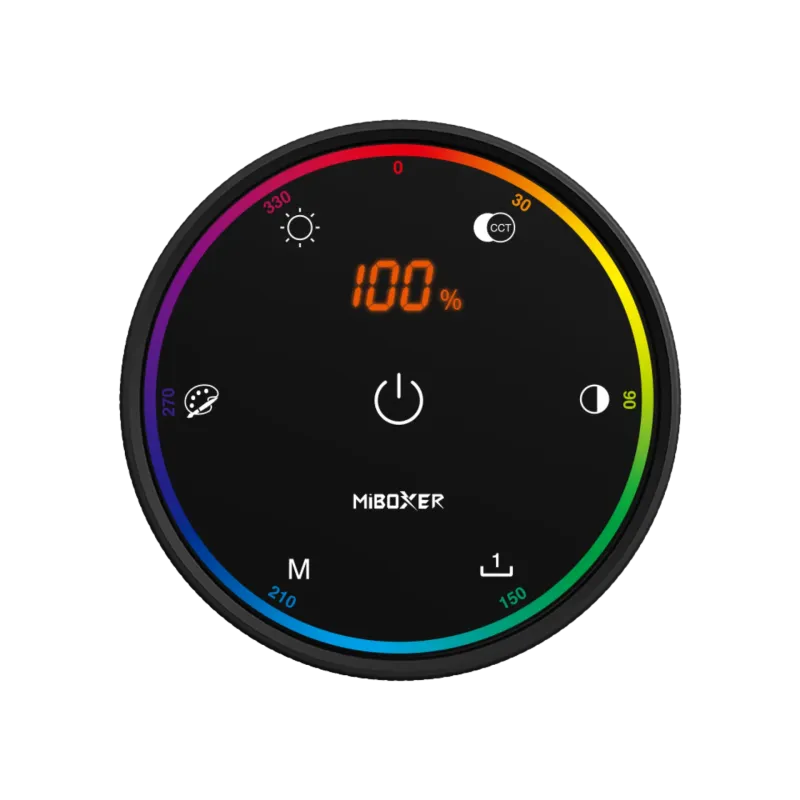 MiBoxer K6 RGB+CCT Fernbedienung Frontansicht mit Farbring und Helligkeitsanzeige