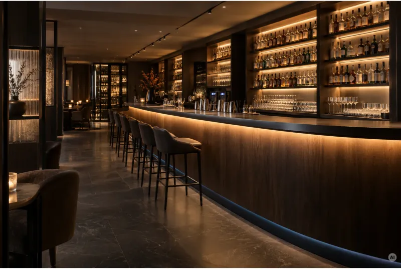 Dunkles Bar-Interieur mit Holzverkleidung, Barhockern, warmweißer LED-Lichtleiste unter der Thekenplatte und beleuchtetem Spirituosenregal.