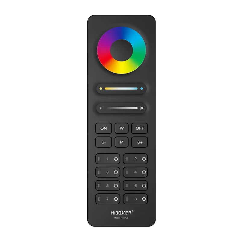 MiLight MiBoxer C8 Funkfernbedienung schwarz für RGB + CCT LED Strips, 2.4 GHz Touch Remote Controller mit 8 Zonen, Farbrad, Modustaste, Helligkeit und Farbtemperatursteuerung.