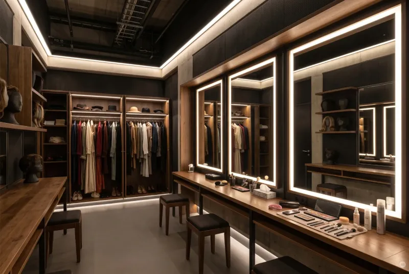 Professionelle Künstlergarderobe in einem Theater mit beleuchteten Schminkspiegeln, offenen Kostümschränken und Ablagen für Make-up.