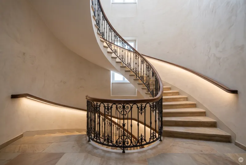 Elegante Wendeltreppe in einem Altbau mit Naturstein Stufen, schmiedeeisernem Geländer und warmweiß beleuchteter Unterseite des Holzhandlaufs.
