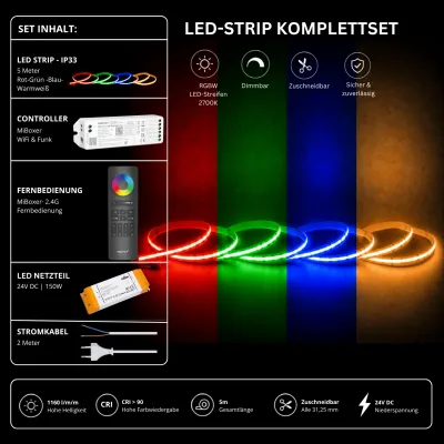 RGBW LED-Streifen Komplettset 5 m 24 V mit MiBoxer WiFi- und Funk-Controller, schwarzer 2,4-GHz-Fernbedienung, 150-W-Netzteil und Stromkabel