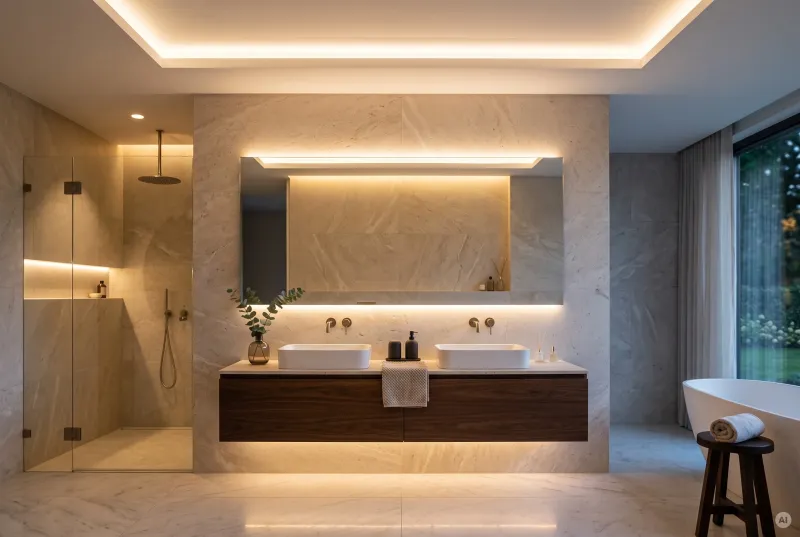 Modernes Luxusbadezimmer mit LED-Lichtvoute an der Decke, beleuchtetem Spiegel über dem Doppelwaschtisch und begehbarer Glasdusche.