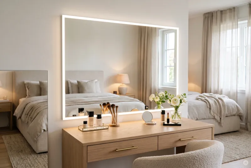 Heller Holz-Schminktisch mit Kosmetikartikeln vor einem großen rechteckigen Spiegel mit umlaufendem, blendfreiem LED-Lichtrahmen.