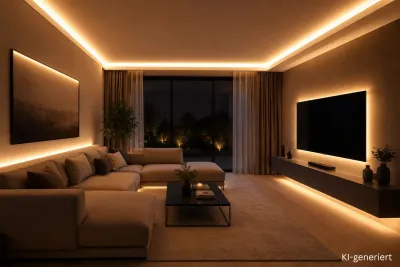 COB LED Streifen einfarbig mit homogener Lichtlinie | SK-LED Modernes Wohnzimmer mit einfarbigen COB LED Streifen und homogener indirekter Beleuchtung ohne sichtbare Lichtpunkte
