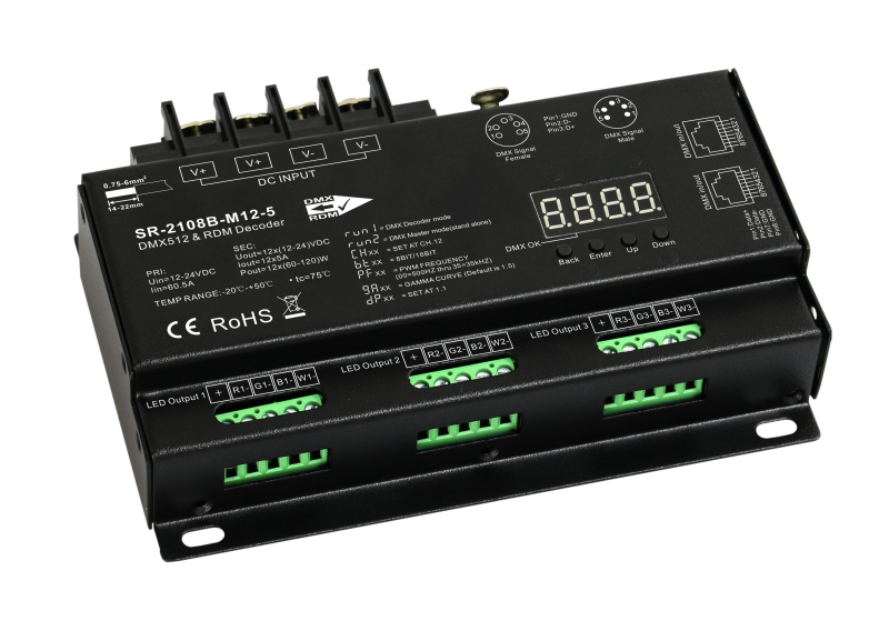 SR-2108B-M12-3 DMX512 & RDM Decoder 12-Kanal 5A pro Kanal 12-24V DC Metallgehäuse XLR RJ45