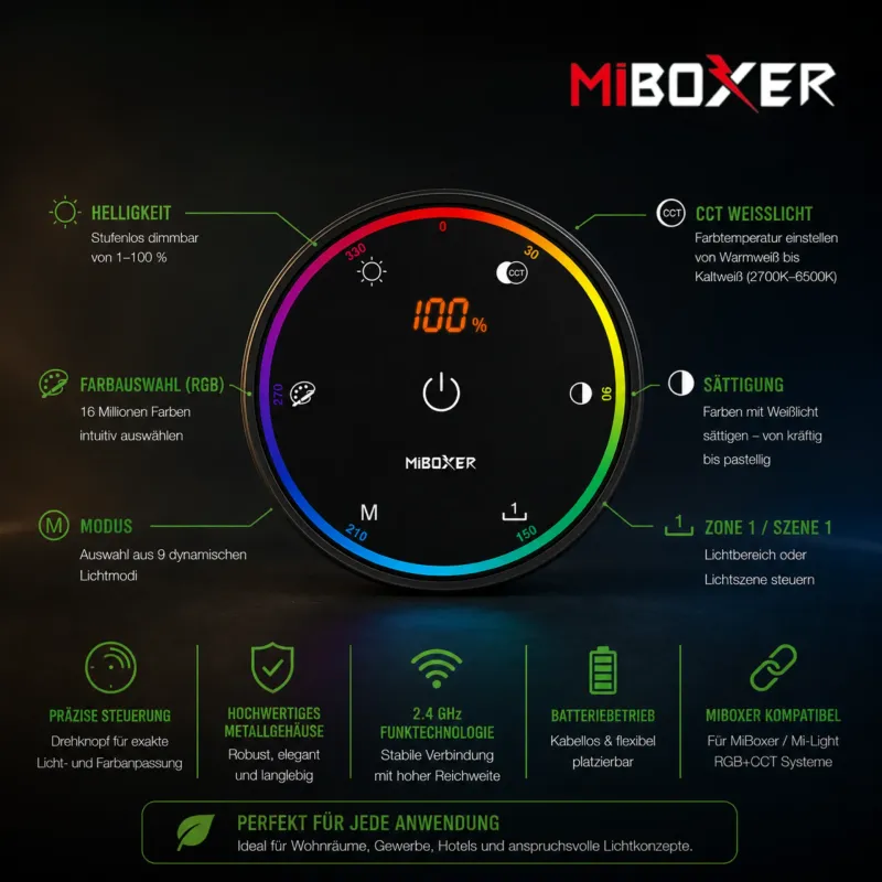 MiBoxer K6 RGB+CCT Drehknopf Controller mit Farbwahl Helligkeit Sättigung und 2,4GHz Funksteuerung
