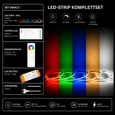 LED Streifen Set RGBCCT IP33 24V – COB LED mit SZ5 Zigbee 3.0 Controller & C5 Fernbedienung Weiß LED Streifen Set RGBCCT IP33 mit COB LED Streifen, SZ5 Zigbee 3.0 Controller, SS150 Netzteil und C5 Fernbedienung in Weiß.