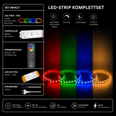 RGBW LED Streifen Komplettset WiFi 24V RGBW LED Streifen Komplettset 24V mit 5 m SMD LED Streifen 3000K, MiBoxer WiFi Funk Controller, 2.4G Fernbedienung und 150W Netzteil