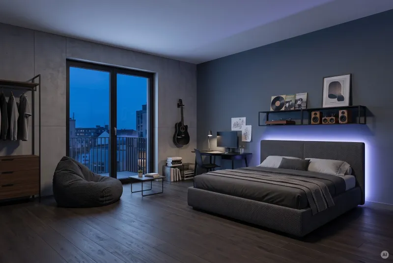 Modernes Teenagerzimmer in dunkleren Farben mit Betonoptik, Polsterbett, Sitzsack und einem coolen, blauen LED-RGB-Lichtband hinter dem Bettkopfteil am Abend.