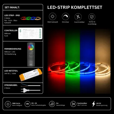 LED Streifen Set RGBW Kaltweiß 6000K IP65 24V – COB LED mit SR5 Funk-Controller & C5 Fernbedienung Schwarz LED Streifen Set RGBW Kaltweiß 6000K IP65 mit COB LED Streifen, SR5 Funk-Controller, SS100 Netzteil und C5 Fernbedienung in Schwarz.
