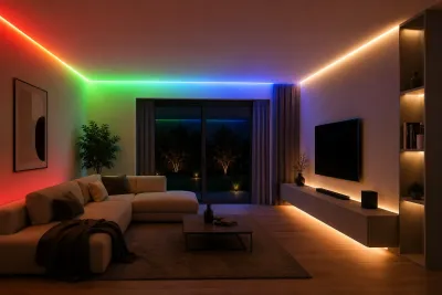 Modernes Wohnzimmer mit indirekter RGBCCT COB LED Beleuchtung. Der punktfreie 24V LED Streifen erzeugt fließende Farbverläufe von Rot über Grün und Blau bis Warmweiß und eignet sich für Smart-Home-Lichtsteuerung mit Matter.