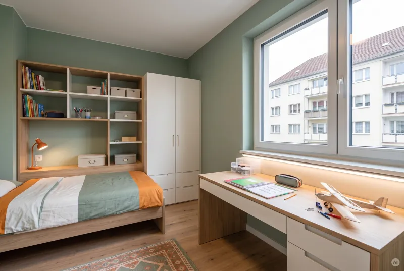 Modernes Kinderzimmer für Schulkinder mit salbeigrünen Wänden, hellem Holz, Schreibtisch und einer linearen, neutralweißen LED-Arbeitsleuchte über der Arbeitsfläche.