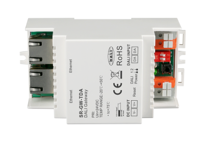 SR-GW-TDA Tuya DALI Gateway Seitenansicht mit Ethernet und DALI-Anschlüssen SR-GW-TDA Tuya DALI Gateway Seitenansicht mit RJ45 Ethernet-Anschluss und DALI-Bus-Klemmen für die Hutschienen-Installation im Schaltschrank
