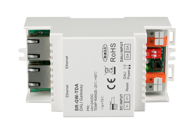 SR-GW-TDA Tuya DALI Gateway Seitenansicht mit RJ45 Ethernet-Anschluss und DALI-Bus-Klemmen für die Hutschienen-Installation im Schaltschrank